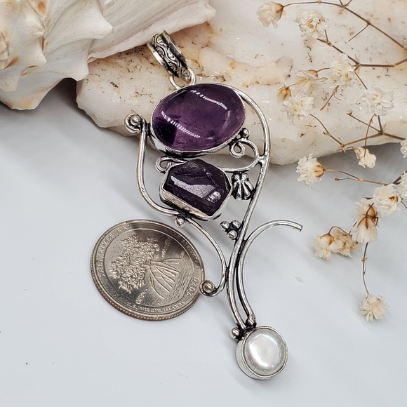 Purple Raw Amethyst Natural Pearl Silver 925 Pendant - Picture 3 of 5